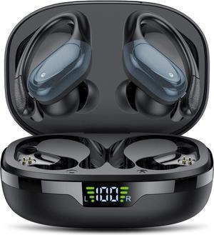 Ture Wireless Earbuds, Bluetooth 5.2 Headphones, 60Hrs Playback HD Stereo Audio LED Display, Over-Ear IPX7 Waterproof TWS Earphones with Earhooks, Built-in Mic, Type-C, for Sports (Black)