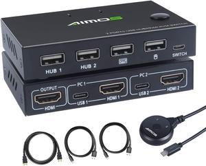 2 Port HDMI KVM Switch, USB Switch 4K HDMI Switcher Box, 2 In 1 Out HDMI KVM Switch For 2 Computers Share Keyboard And Mouse Support 4K @30Hz, Not support Hotkey, With HUB Ports