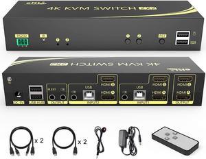 2x2 4K HDMI KVM Switch 2 in 2 Out Dual Monitor Extended Display 4K @60Hz 4:4:4 with Audio and USB 2.0 Hub Sharing PC Monitor Keyboard Mouse Switcher