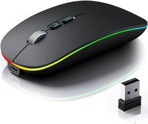 Wireless Mouse LED, 2.4G Rechargeable Wireless Computer Mouse with USB Receiver, Ultra Thin Silent Portable RGB Backlit Cordless Mice for Laptop Desktop PC MacOS (Black)