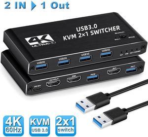 USB 3.0 KVM Switch HDMI Box 2 in 1 Out, 2 Port 4K @60Hz HDMI USB KVM Switches for 2 Computers Share Keyboard Mouse Printer and 1 HD Monitor, Aluminum USB Switcher Compatible with Windows Linux MacOS