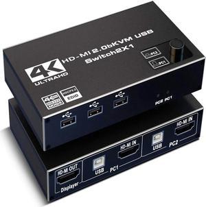 4K @60Hz HDMI 2.0 KVM Switch 2 in 1 Out HDMI Selector Box with 3x USB2.0 Ports for Two Computers Share One Set Keyboard Mouse Printer and HD Monitor 2 In 1 Out HDMI2.0b KVM Switch