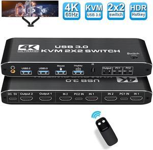 2 in 2 Out 4K HDMI 2.0 KVM Switch with 3.5mm Jack Audio Output, USB 3.0 HDMI KVM Switch 2x2 for 2 Computers and 2 Monitors 4K @60Hz with 3 Display Method, Hot Key Switching, IR Control