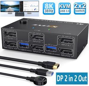 DisplayPort 1.4 KVM Switch Dual Monitor 2 in 2 Out 8K @30Hz 4K@144Hz, DP1.4 USB KVM Switch and 4 USB 3.0 for 2 Computers, Backnward Compatible DP1.2 with DP+USB Cables and Wired Controller