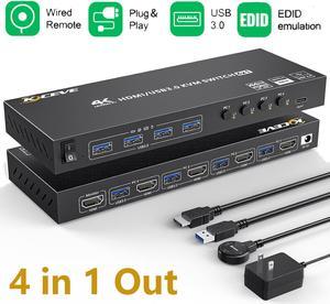 4 Port USB 3.0 HDMI KVM Switch Support 4K@60Hz 2K@120Hz RGB 4:4:4 Simulation EDID, HDMI Switch 4 in 1 Out with 4 USB 3.0 Port for Keyboard Mouse Printer,with Controller, USB3.0 Cables and HD-MI Cables
