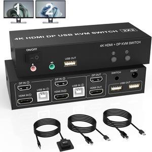 Dual Monitor HDMI + DP KVM Switch 2x2, DisplayPort and HDMI 4K@60Hz Extended Display KVM Switch 2 Monitors 2 Computers with Audio Microphone Output and 3 USB Ports, PC Monitor Keyboard Mouse Switcher