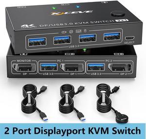 2 Port Displayport KVM Switch, USB 3.0 DP KVM Switch 2 in 1 Out 3440x1440@144Hz,3840x2160@60Hz for 2 Computers Share 1 Monitor and 4 USB 3.0 Devices with 2 USB 3.0 Cables and Wired Controller