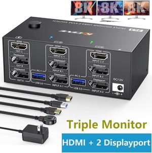 KVM Switch 2 Computers 3 Monitors, USB 3.0 HDMI + 2 DisplayPort 8K@30Hz/4k@144Hz Triple Monitor KVM Switcher for 2 Computer Share 3 Display and 4 USB 3.0 Devices, Wired Remote Included