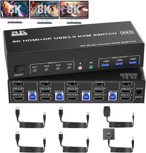 KVM Switch 3 Monitors 4 Computers 8K@60Hz 4K@144Hz, 2 HDMI +1 DisplayPort KVM Switch Triple Monitor for 4 Computer with Audio and 3 USB 3.0 Ports, KVM Triple Monitor Keyboard Mouse Switcher