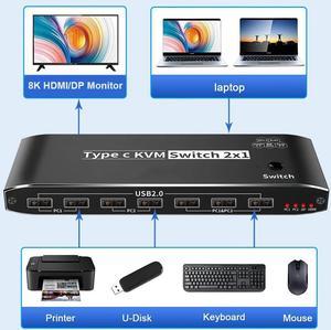 8K USB C KVM Swith 2 in 1 Out, Type C to Displayport or HDMI KVM Switch for 2 Computers Share 1 Monitor with 7 USB2.0 Devies with PD Charging/3.5mm audio/RJ45 Network, Compatible with Thinderbolt 3/4