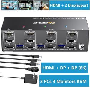 USB 3.0 KVM Switch 3 PC 3 Monitors, [2 Displayport + HDMI] Triple Monitors KVM Switch, 8K@ 60Hz KVM Switch 4K@144Hz, KVM Switch Displayport 1.4 + HDMI 2.1 for 3 PC Share 3 Display and 4 USB 3.0 Device