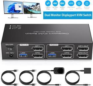 Dual Monitor Displayport KVM Switch, 8K@60Hz/4K@120Hz USB 3.0 DP 1.4 KVM Switcher for 2 Computers Share 2 Monitors and 4 USB Devices Support Extended & Copy Mode Wired Controller 2 USB Cables Included