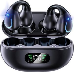 Open Ear Bone Conduction Headphones, Clip On Wireless Earbuds with Digital Display Charging Case 60 Hours Playtime Bluetooth 5.3 Sport Earphones Built-in Mic IPX7 Waterproof for Running Fitness
