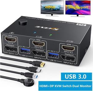 Dual Monitor HDMI+DP KVM Switch 4K@60Hz, USB 3.0 HDMI + Displayport KVM Switch for 2 Computer Share 2 Monitor and 4 USB 3.0 Devices Keyboard Mouse, Wired Remote and 4 Cables Included