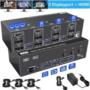 SMA [2 Displayport + HDMI] Triple Monitor USB 3.0 KVM Switch 3 Monitors 3 Computers, 8K@60Hz  DisplayPort 1.4 + HDMI2.1 KVM Switch for 3 PC Share 3 Display and 4 USB 3.0 Devices, Wired Remote Included