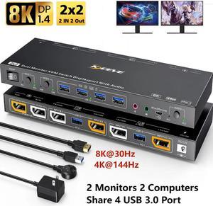 SMA USB 3.0 Displayport KVM Switch 2 Monitors 2 Computers 8K@30Hz 4K@144Hz, Dual Monitor Displayport1.4 KVM Switches with Audio and 4 USB3.0 Port for USB Device,Wired Remote and USB3.0 Cables Included