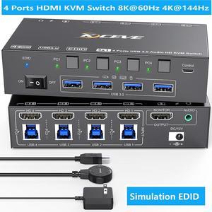 SMA USB 3.0 KVM Switch HDMI 4 Port, 8K@60Hz 4K@144Hz, EDID Simulation KVM Switch 4 Computers Share 1 Monitor and 4 USB Devices, Keyboard Mouse Switch with USB Cables, Wired Control and Power Supply