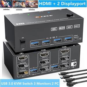 SMA Triple Monitors USB 3.0 KVM Switch 3 Monitors 2 Computers 8K@60Hz 4K@144Hz, HDMI + 2 Displayport KVM Switch for 2 PC share 3 Monitors, 4 USB 3.0 Devices, With Wired Remote 5 Cables & Power adapter