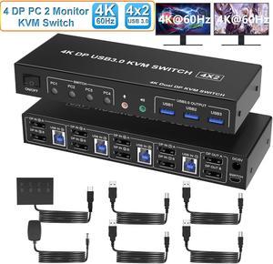 SMA Displayport KVM Switch 2 Monitors 4 Computers 4K@60Hz, Dual Monitor Displayport USB 3.0 KVM Switch with Audio Microphone Output and 3 USB 3.0 Ports, DP Monitor KVM switch for 4 PCs 2 Monitors