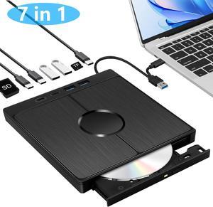 SMA [7 in 1] External DVD Drive, USB 3.0 Type C External CD/DVD Drive with 2 USB A & 2 USB C Ports and SD/TF Solts, Portable DVD RW Burner Optical Drive for laptop,PC Windows 11/10/8/7/XP/Linux, MacOS