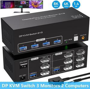 SMA 8K 60Hz Displayport KVM Switch 3 Monitors 2 Computers 4K@144Hz, USB 3.0 KVM Switches DP 1.4 Triple Monitor Switch for 2 Computers with 4 USB3.0 Ports Support Extended & Copy Mode, Wired Controller