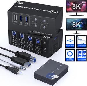 SMA Dual Monitor HDMI KVM Switch 2 Monitors 4 Computers, 8K@60Hz 4K@120Hz HDMI USB 3.0 KVM Switcher PC Extended Display for 4 Computers Share 4 USB Devices - 4 in 2 Out HDMI KVM Switch for 4 PCs