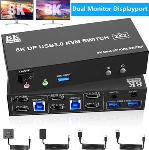 SMA 8K@60Hz USB 3.0 Displayport KVM Switch 2 Monitors 2 Computers, DP 1.4 Dual Monitor KVM Switches for 2 PCs Share 2 Monitors and 3 USB Devices with Audio Microphone, Support Extended & Mirror Mode