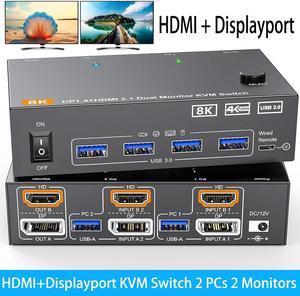 SMA  2 Port HDMI + Displayport Dual Monitor KVM Switch, 8K@60Hz 4K@144Hz HDMI+DP USB 3.0 KVM Switch Extended Display 2 Monitors 2 Computers with 4 USB 3.0 Ports, USB Cables & Wired Controller included