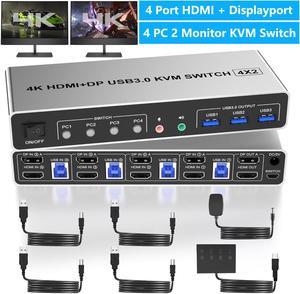 SMA Displayport+HDMI KVM Switch 2 Monitors 4 Computers, 4K@60Hz Dual Monitor KVM Switch 4 in 2 Out with Audio Microphone Output and 3 USB 3.0 Ports, 4 Port HDMI + DP Monitor Switch for 4 PCs 2 Monitor