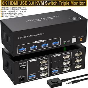 SMA 8K@60Hz HDMI KVM Switch 3 Monitors 2 Computers, USB 3.0 KVM Switches with 4 USB Ports Triple Monitor KVM Switches for 2 Computers Support Extended & Copy Mode, 12V DC Adapter 2 USB Cables Included