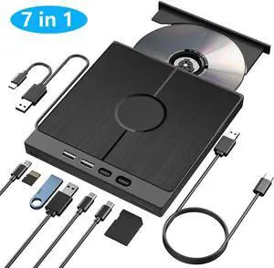 SMA Portable CD DVD Player, External CD/DVD Drive, [7 in 1] USB 3.0 Type C External CD DVD Burner with 2 USB C & 2 USB A Port, SD/TF Card Reader, Compatible with Windows 11/10/8/7 Linux, Mac OS