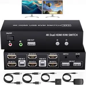 SMA 2x2 KVM Switch 2 Monitors 2 Computers, 4K@60Hz Dual Monitor HDMI KVM Switch 2 PC Share 2 Monitor, Audio Mic Port and 3 USB Ports Support Extended and Copy Mode, PC Monitor Keyboard Mouse Switcher