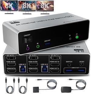 SMA 8K@60Hz KVM Switch 3 Monitors 2 Computers 4K@144Hz, 2 HDMI+Displayport KVM Switch Triple Monitor for 2 Computer Share 3 Monitor, Audio Mic Port & 3 USB3.0 Devices, Wired Remote & 5V Power Adapter