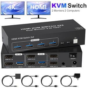 SMA 4K HDMI KVM Switch 2 Monitors 2 Computers 4K@60Hz, Dual Monitor KVM Switcher 2PC Extended Display for 2 Computers Share 4 USB 3.0 Devices Keyboard Mouse Hard Drives Printer with Desktop Controller