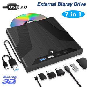 SMA External Blu Ray Drive for Laptops, 7-in-1 USB 3.0 Type-C Blu ray CD DVD Drive with 4 USB & SD/TF Slot Ports, Portable 3D BD Disc Reader CD DVD -/+RW Burner Compatible with Windows Linux Mac OS
