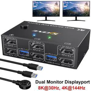SMA USB 3.0 Displayport KVM Switch 2 Monitors 2 Computers 8K@30Hz 4K@144Hz, Dual Monitor Displayport 1.4 KVM Switches with 4 USB 3.0 Port for USB Device,Wired Remote and USB Cables Included