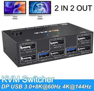 SMA 2 Port Displayport KVM Switch 2 Monitors 2 Computers 4K@144Hz, 2x2 Displayport KVM Switches Dual Monitor for 2 Computer Share 2 Monitor and 4 USB 3.0 Devices, with Wired Remote and USB Cables