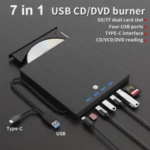 SMA 7-in-1 USB 3.0 & Type-C External CD DVD Drive, Portable External DVD/CD/RW Drive - Slim Plug & Play Burner for Laptop, PC, 11/10/8/7/XP/Linux/MacOS - with 4 USB A Ports, SD/TF Card Reader