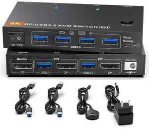 SMA Displayport KVM Switch 2 Computers 1 Monitor, 8K@60Hz/4K@240Hz DP1.4 KVM Switch, 2 in 1 Out Displayport KVM Switches for 2 PCs share 1 Monitor and 4 USB 3.0 Devices, Wired Wired Remote Controller