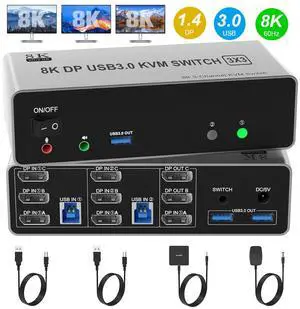 SMA 8K@60Hz Displayport KVM Switch 3 Monitors 2 Computers 4K@144Hz, DP1.4 KVM Switch Triple Monitor for 2 Computer Share 3 Monitor, Audio Mic Port and 3 USB3.0 Devices Support Extended and Copy Mode