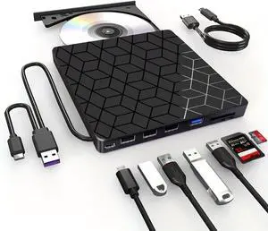 SMA External CD DVD Drive, 7 in 1 USB & Type C External DVD Drive, Ultra Slim CD Burner with 4 USB Ports and 2 TF/SD Card Slots, Optical Disk Drive for Laptop Desktop PC Windows 11/10/8/7 Linux Mac OS