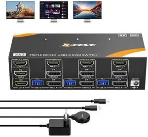 SMA KVM Switch 3 Computers 3 Monitors 8K@60Hz /4K@144Hz, 2* Displayport + HDMI Triple Monitor USB 3.0 KVM Switch for 3 PC Shares 3 Monitors and 4 USB 3.0 Devices with Wired Remote & 12V Power Adapter