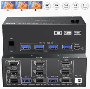 SMA HDMI+2 DisplayPort KVM Switch 3 Monitors 2 Computers 8K@60Hz 4K@144Hz, Triple Monitor KVM Switch with 4 USB3.0 Port for Keyboard Mouse Printer, 1*HDMI+2*DP+2*USB Cables & Wired Controller Included