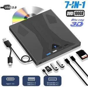 SMA [7-in-1] External Optical Blu Ray Drive, USB 3.0  Type-C Blu Ray Burner Portable Blu Ray DVD/CD/BD Player, Support 100G Disc, 3D External CD DVD Bluray Drive Compatible with Windows, Linux , MacOS