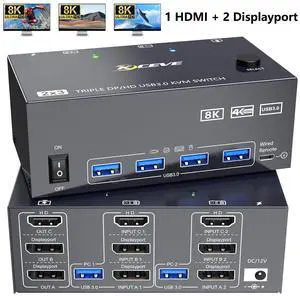 SMA 8K KVM Switch 3 Monitors 2 Computers 8K@60Hz 4K@144Hz, 3 Monitors KVM Switch for 2 Computers Sharing Triple Monitors, Keyboard, Mouse, Printer with 2*USB3.0 Cables, Power Adapter and Controller