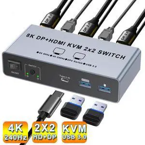 SMA HDMI + Displayport KVM Switch 2 Computers 2 Monitors, Aluminum 8K@60Hz Dual Monitor KVM Switcher for 2 PC Share 2 Monitors and 4 USB 3.0 Ports, Support Extended/Copy Mode, with Desktop Controller