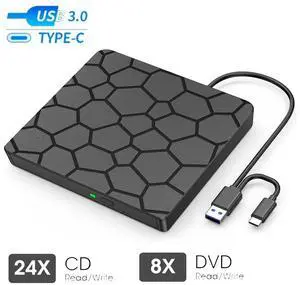 SMA External CD DVD Drive for Laptops, USB 3.0 Type-C Portable CD/DVD Player External CD DVD Burner Reader Writer Recorder, External Optical DVD Drive for Laptop Windows 11/10/8/7 Mac MacBook Linux PC