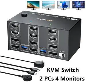 SMA Quad Monitor KVM Switch 4 Monitors 2 Computers 4K120Hz/8K@30Hz, USB 3.0 KVM Switch Quad Monitor for 2 PC Share 4 Monitors and Keyboard & Mouse,with Wired Remote and USB Cables,Input 2 HD+2 DP Port