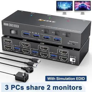 SMA HDMI KVM Switch 2 Monitors 3 Computers with EDID Simulation 4K@60Hz, USB 3.0 Dual Monitor HDMI KVM Switch 3 Computers Share 2 Monitors and 4 USB 3.0 Port, Includes DC12V Adapter and Wired Remote SMA HDMI KVM Switch 2 Monitors 3 Computers with EDID Simulation 4K@60Hz, USB 3.0 Dual Monitor HDMI KVM Switch 3 Computers Share 2 Monitors and 4 USB 3.0 Port, Includes DC12V Adapter and Wired Remote