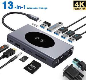 USB C Hub Type-C Laptop Docking Station, Wireless Charger 13-in-1 USB C Adapter with Ethernet, 4K HDMI Output, 1000M RJ45 Net Work, 60W PD, VGA, 5 USB 3.0 Ports, SD/TF Card Reader for MacBook Pro/Air